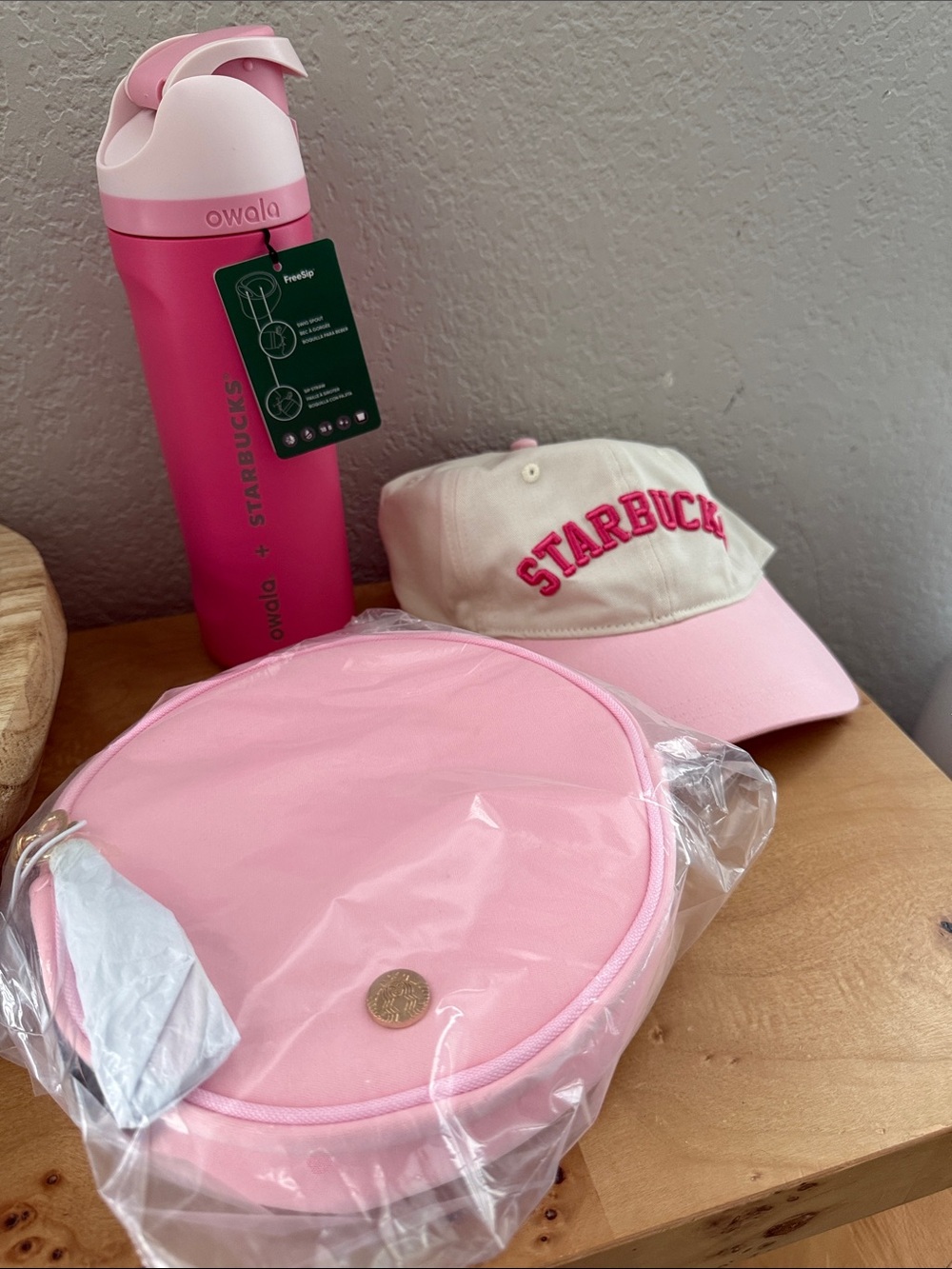 Starbucks Pink & Cream Hat, Round Pink Bag and Pink Owala Bottle